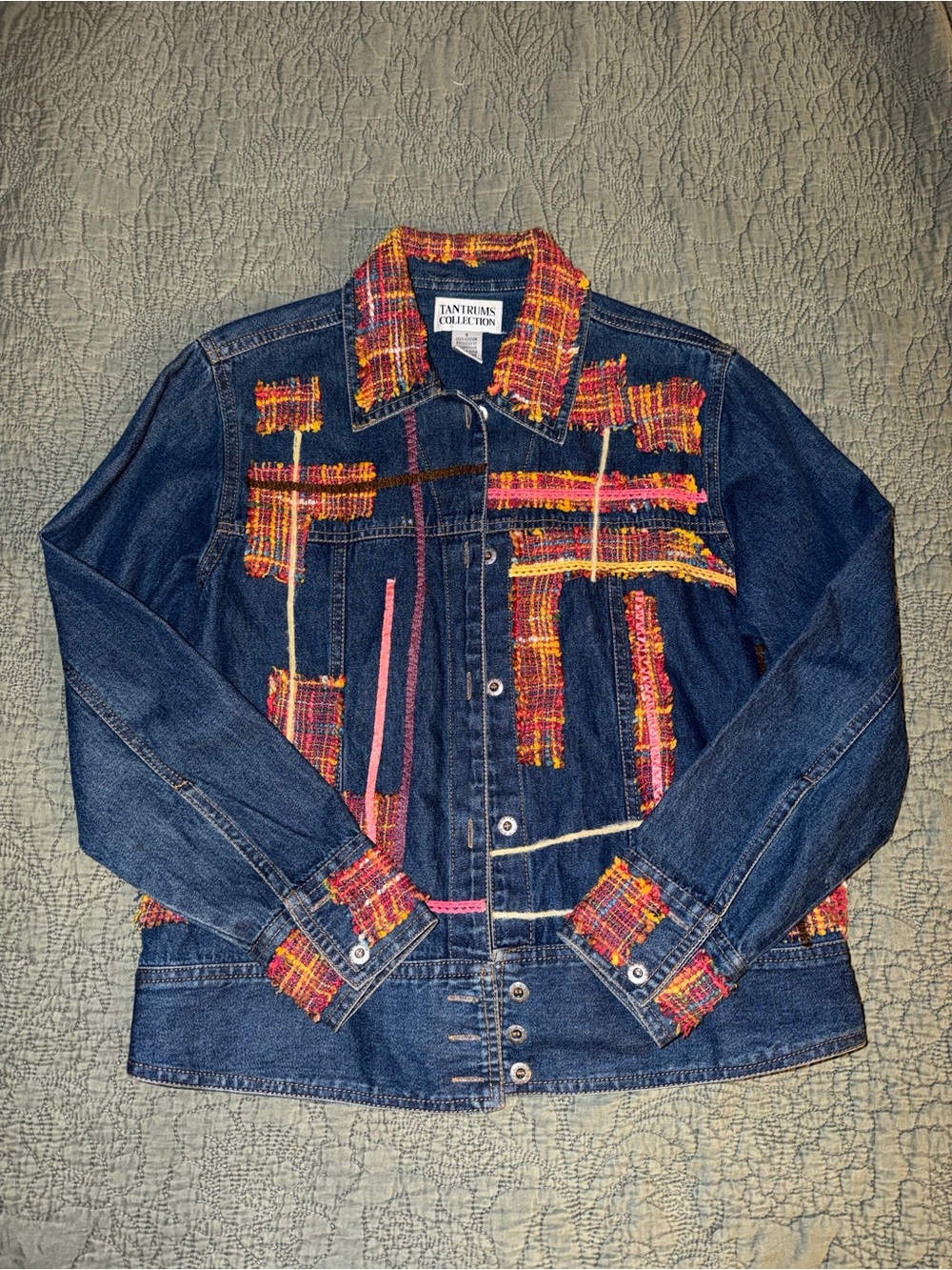 Tantrums Dark Blue Denim Jacket with Pink, Orange & Yellow Tweed Accents
